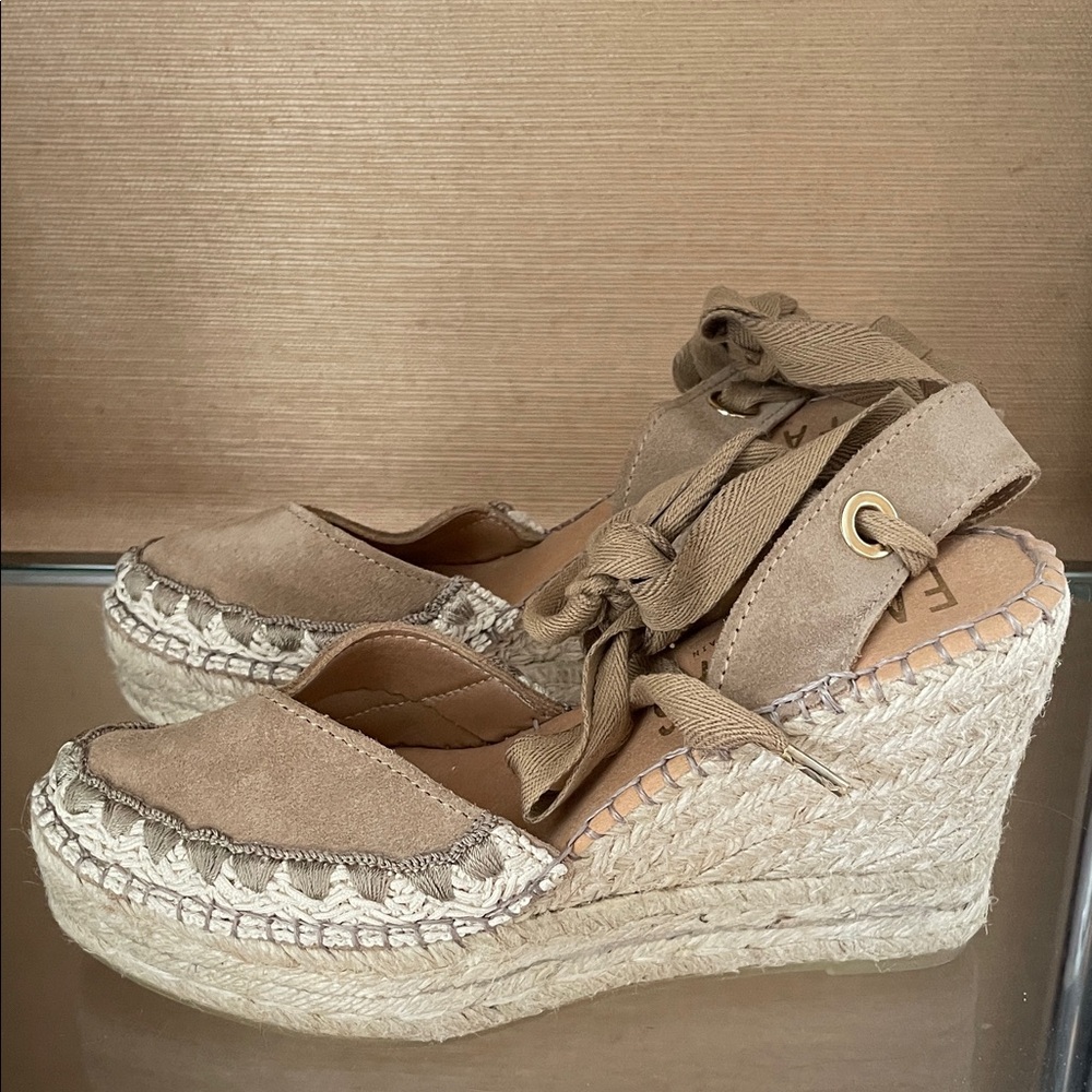 Fabiolas  Beige Suede Espadrille Wedge Sandals with Ankle Tie made in Spain 38